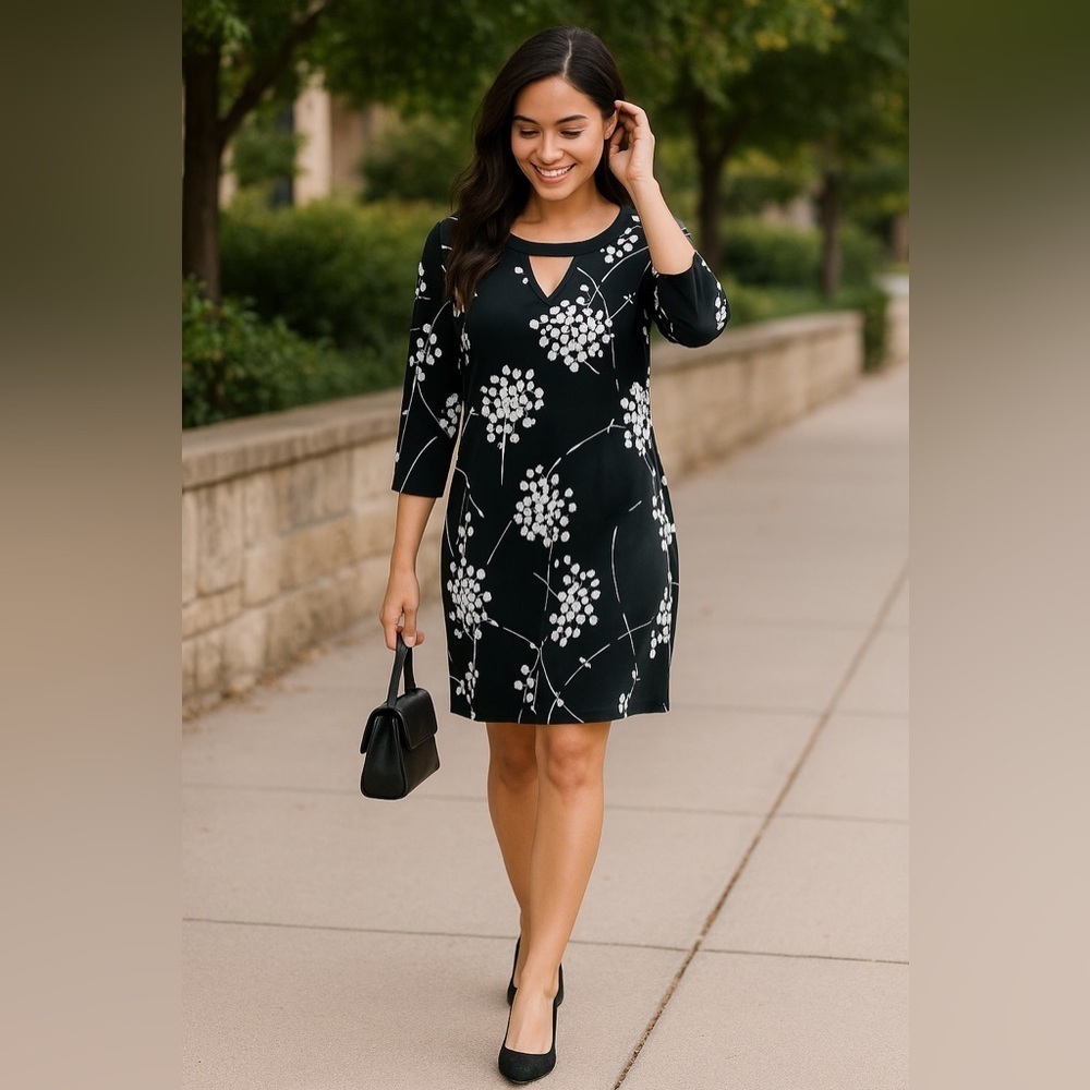 Banana Republic Women Black White Floral Print Mini Dress 3/4 Sleeve Size M